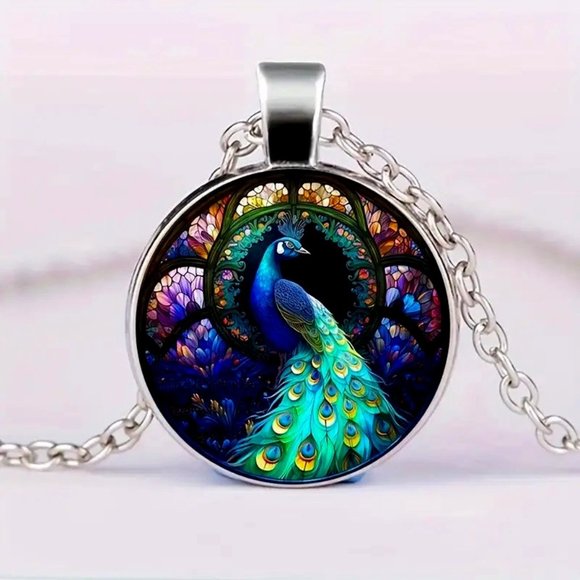 Independent Jewelry - Colorful PEACOCK Glass Cabochon Pendant Necklace